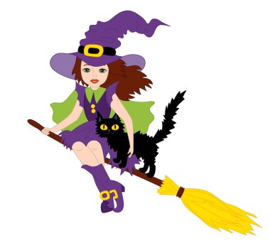 Vektör Halloween cadı ile süpürge üzerinde uçan kedi