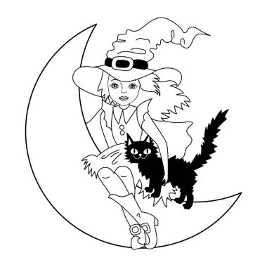 Vektör Halloween cadı ile ayın üzerinde oturan kedi
