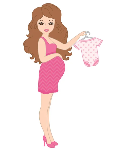 Vektör güzel pembe elbise Holding bebek kız hamile kadında uygun — Stok Vektör