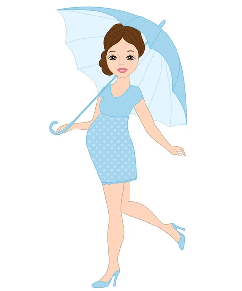 Vektör şemsiye ile mavi elbiseli güzel hamile kadın — Stok Vektör