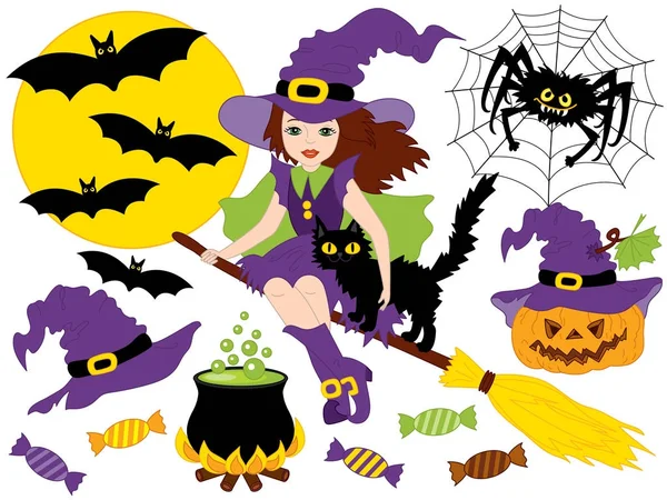 Vektör Halloween cadı, Moon, örümcek, kabak ve yarasalar ile ayarla