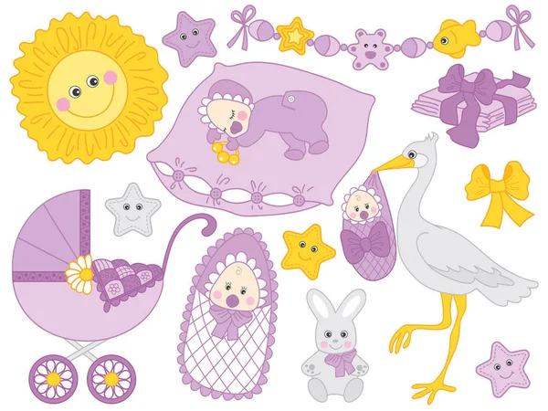 Bebek duş Stork, bebek arabası ve elemanları için vektör Set