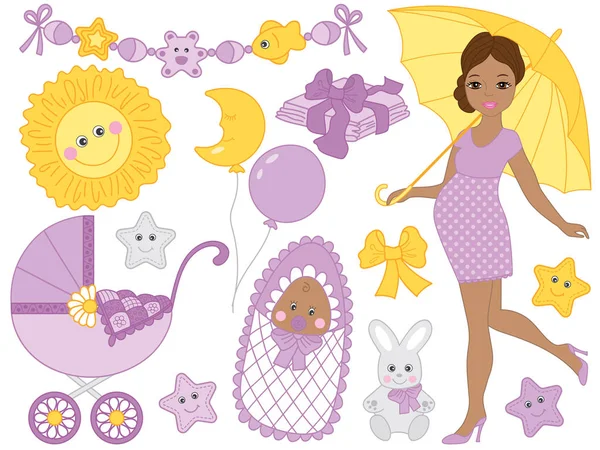 Vektör Set hamile Afrikalı-Amerikalı kadın, Bebek ve öğeleri ile bebek duş için