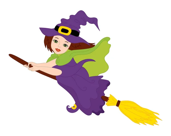 Vetor bruxa de Halloween voando em vassoura — Vetor de Stock
