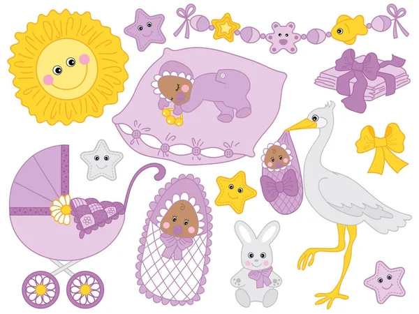 Vector Set for Baby Shower with African American Baby, Stork, Stroller and Elements — Stock Vector