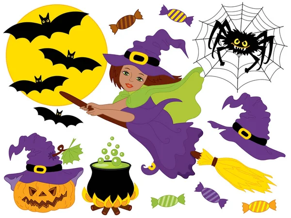 Set de Halloween vectorial con bruja afroamericana, luna, araña, calabaza y murciélagos — Vector de stock