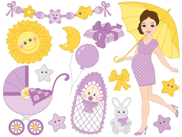Set de vectores para ducha de bebé con mujer embarazada, bebé y elementos — Vector de stock