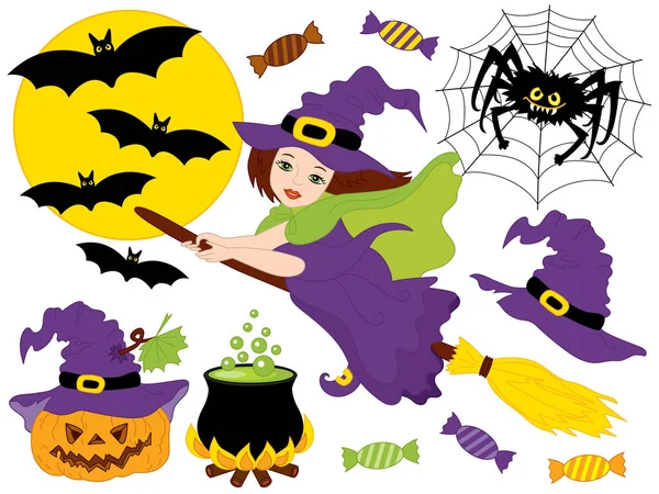 Set de Halloween vectorial con bruja, luna, araña, calabaza y murciélagos — Vector de stock