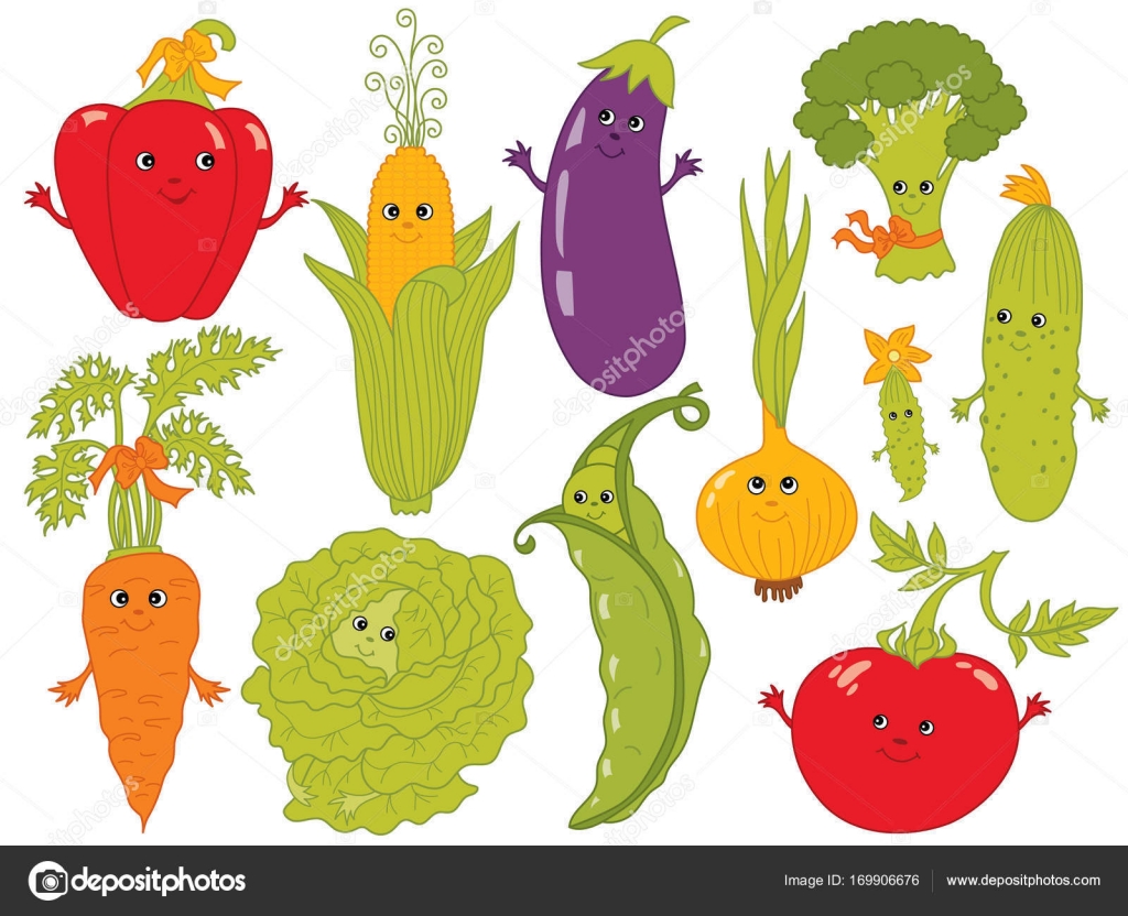 Legumes de desenhos animados vetoriais com rostos sorridentes
