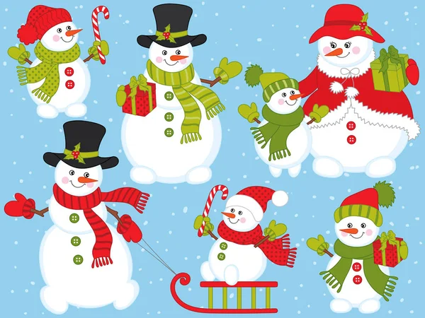 Vector de Navidad y Año Nuevo con muñecos de nieve — Archivo Imágenes Vectoriales