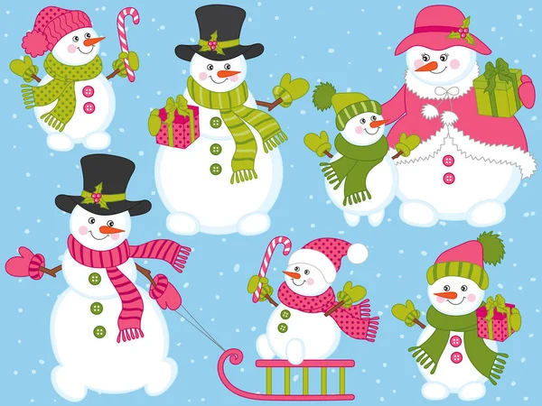 Vector de Navidad y Año Nuevo con muñecos de nieve — Archivo Imágenes Vectoriales