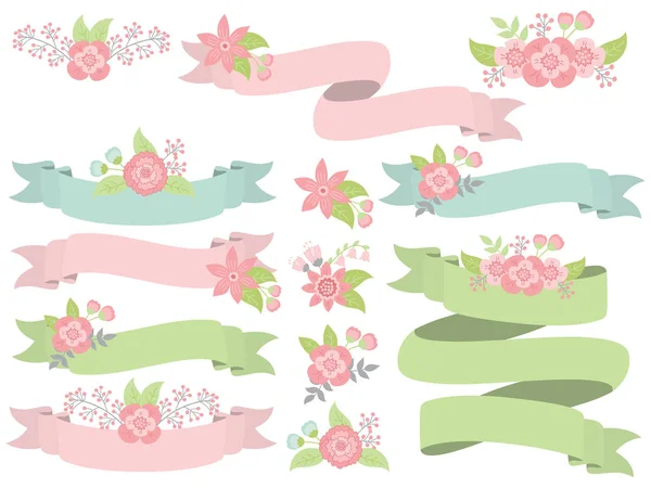 Vector Set of Floral Pastel Ribbons — Stock Vector