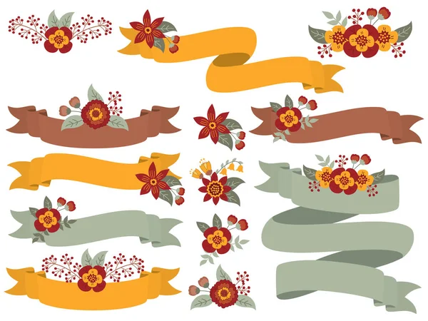 Vector Set of Autumn Floral Ribbons — Stock Vector