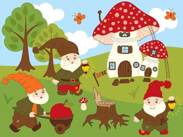 Vector Set of Cute Cartoon Forest Gnomes — Stock Vector