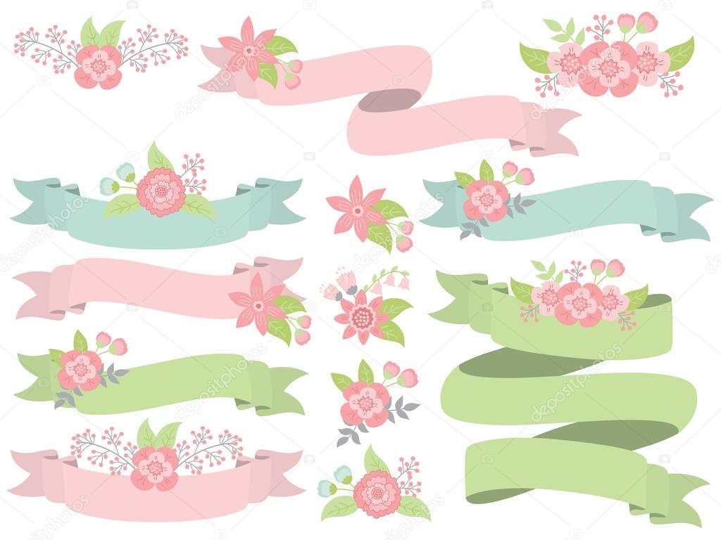 Vector Set of Floral Pastel Ribbons