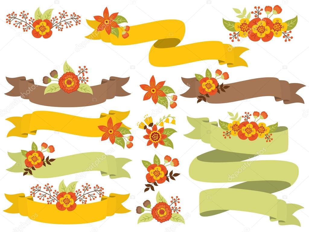 Vector Set of Autumn Floral Ribbons