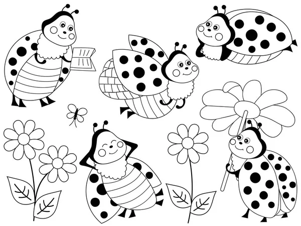 Vector Set of Cute Cartoon Ladybugs — Stock Vector