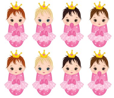 Vektör şirin bebek kızlar prensesler gibi giyinmiş