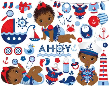 Afrikalı-Amerikalı bebek Denizcilik tarzı ve deniz öğeleri giymiş kız ile vektör Set