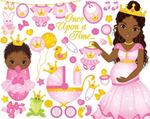 Vector Set for Baby Girl Shower with Pregnant African American Woman and Baby Girl Dressed as Princesses — Stockvector