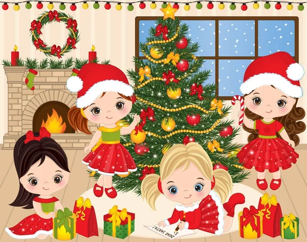 Natale vettoriale e Capodanno con simpatiche bambine ed elementi natalizi — Vettoriale Stock