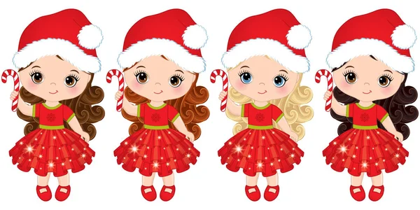 Vector Cute Little Girls Wearing Santa Hats — стоковий вектор