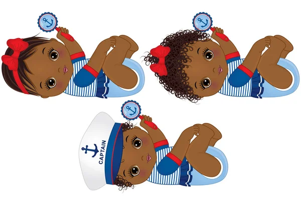 Vector schattige Afro-Amerikaanse Baby meisjes gekleed in nautische stijl — Stockvector
