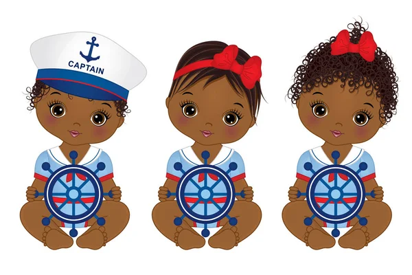 矢量可爱的非洲裔美国宝贝女孩穿着航海风格 — 图库矢量图片