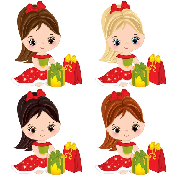 Vector Cute Little Girls with Christmas Gift Boxes — Stock Vector