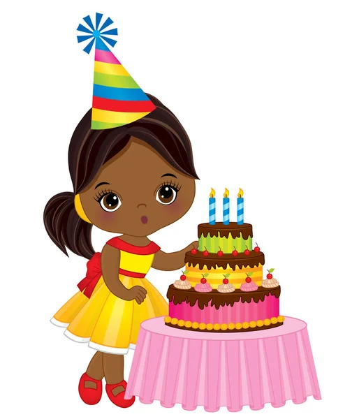 Vector lindo poco afroamericano chica soplando velas en pastel de cumpleaños — Archivo Imágenes Vectoriales