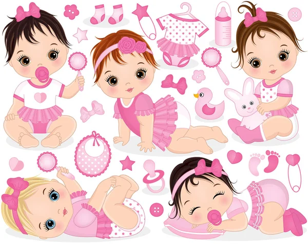 Conjunto de vetores com bebês bonitos meninas, brinquedos e acessórios —  Vetores de Stock