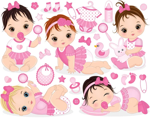 Vector Set met schattige Baby meisjes, speelgoed en accessoires — Stockvector