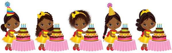 Вектор милий маленькі афроамериканські дівчата дме свічки на день народження торти — стоковий вектор