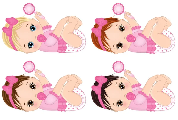 Διάνυσμα κορίτσια χαριτωμένο μωρό με κουδουνίστρες και διάφορα χρώματα μαλλιών — Διανυσματικό Αρχείο