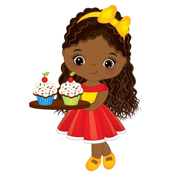 Vector lindo poco afroamericano chica con cupcakes — Vector de stock