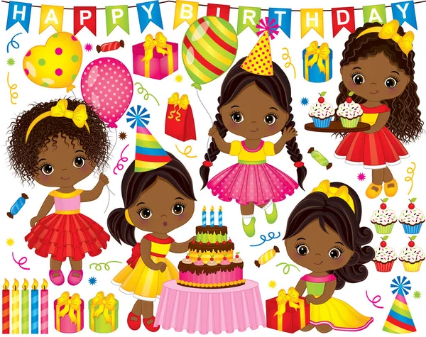 Set de cumpleaños vectorial con niñas afroamericanas y elementos de fiesta — Archivo Imágenes Vectoriales