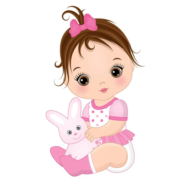 Vector lindo bebé chica con juguete conejito — Vector de stock