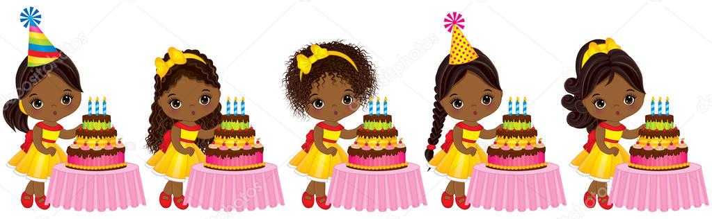 Vector Cute Little African American Girls Blowing out Candles on Birthday Cakes Royalty Free Stock Vectors