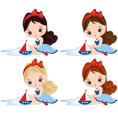 Oyuncak savaş gemileriyle deniz tarzı giyinmiş vektör sevimli küçük kız