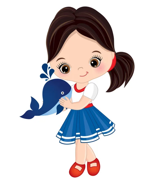 Roztomilá holčička vektorové oblečený v námořním stylu s Baby velryba — Stockový vektor