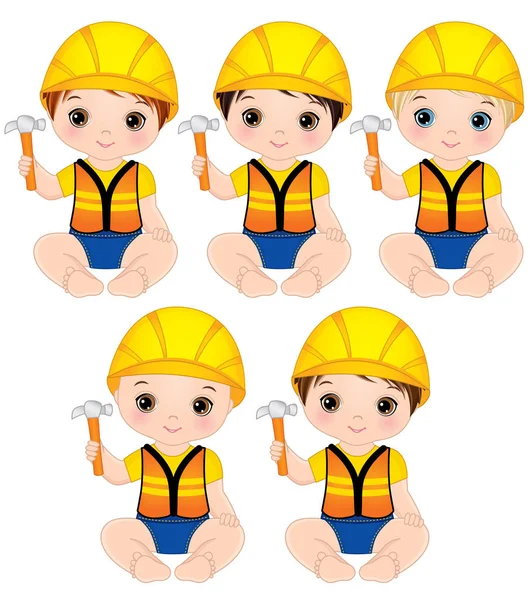 Vektor niedliche Baby-Jungen als kleine Bauarbeiter mit Hämmern verkleidet — Stockvektor