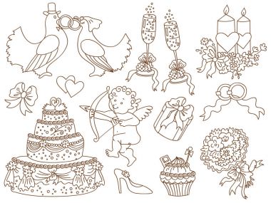 Vektör Doodle Set düğün elemanları ile