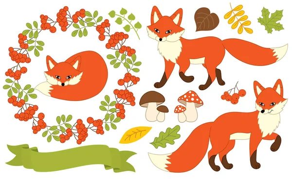 Vector Autumn Set with Foxes, Plants and Ribbon — Stock Vector