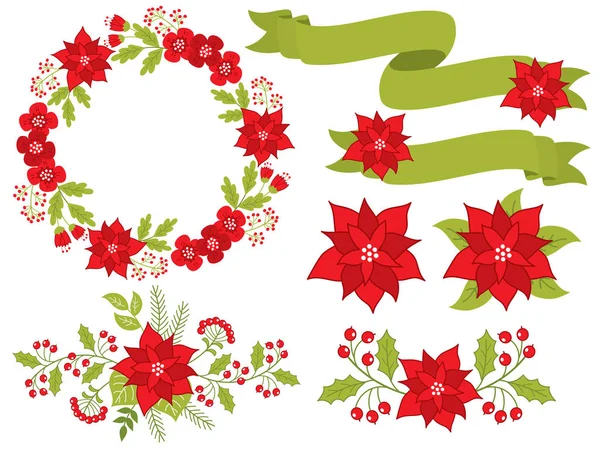 Vector Christmas and New Year Set with Floral Wreath, Bouquets and Ribbons — Stock Vector