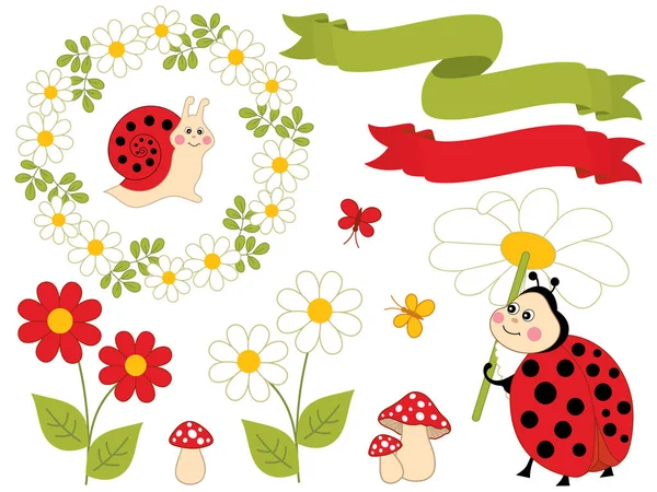 Vector zomer Set met Cute Cartoon insecten en bloemen — Stockvector