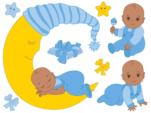 Vektorové Sada s roztomilý afrických amerických Baby Boys, měsíc a plenky — Stockový vektor