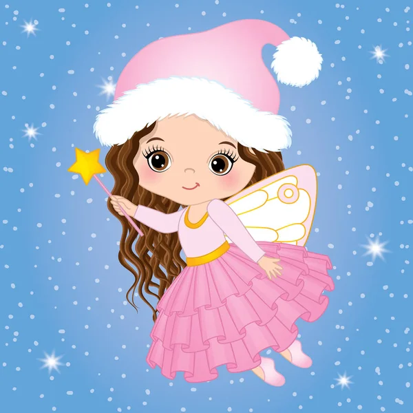 Vector Cute Little Christmas Fairy met het toverstokje vliegen — Stockvector