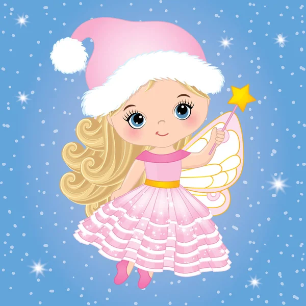 Vector Cute Little Christmas Fairy met het toverstokje vliegen — Stockvector