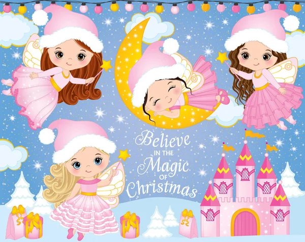 Ensemble vectoriel avec de jolies petites fées de Noël, château et éléments d'hiver — Image vectorielle