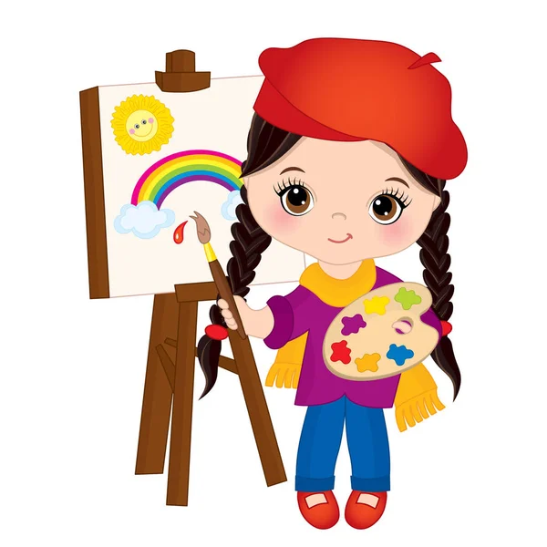 Wektor mała dziewczynka farba na sztalugach. Mały artysta wektor ilustracja — Wektor stockowy